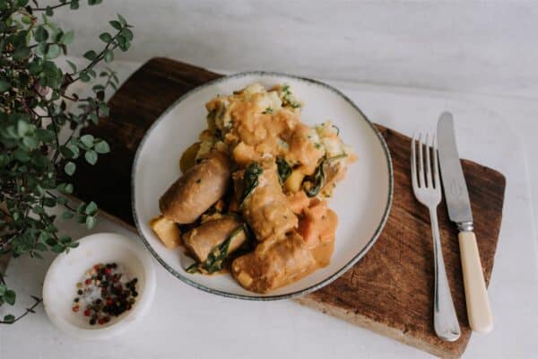 Curried Beef Sausages & Potato Mash